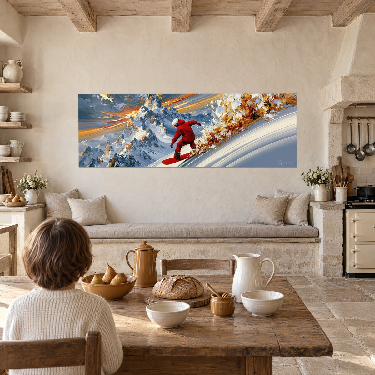 Schilderij van een snowboardafdaling, karmijnrode silhouet gebogen in het poederversneeuw, scherpe staalblauwe toppen en oranje lucht, een keuken in steen