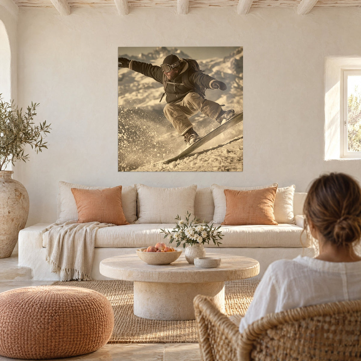 Wall art of a snowboarder with arms spread wide in golden powder snow, amber goggles, black jacket, sand-colored pants, above a sofa in a bright living room