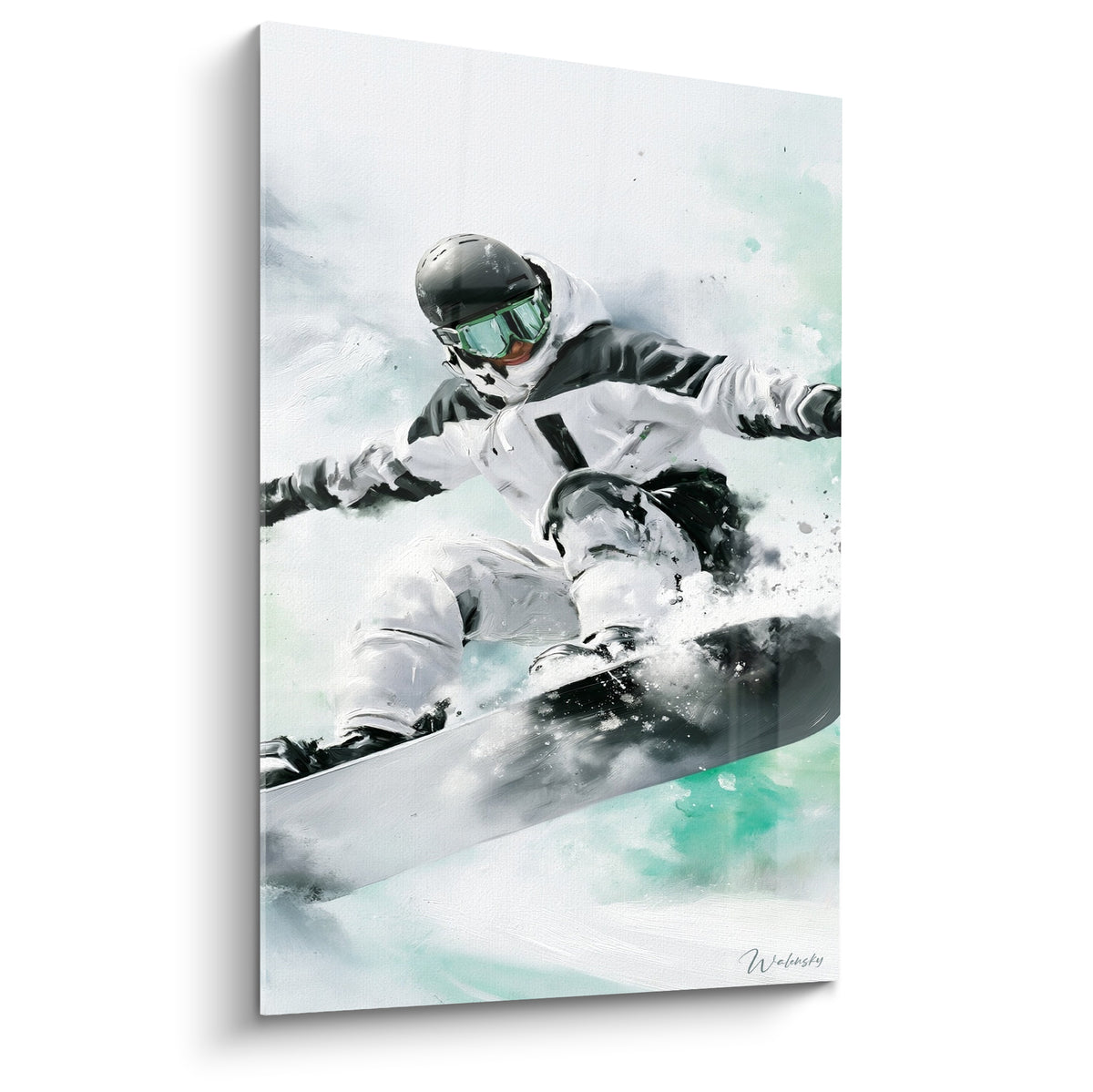 Snowboardeur en combinaison blanche et casque noir, virage sur neige et éclats turquoise