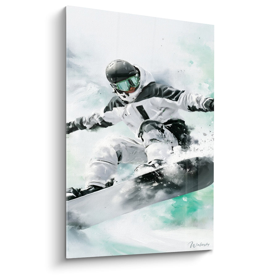 Tableau Snowboardeur blanc et noir en plein virage - Virage sur la neige - Edition Snowboard