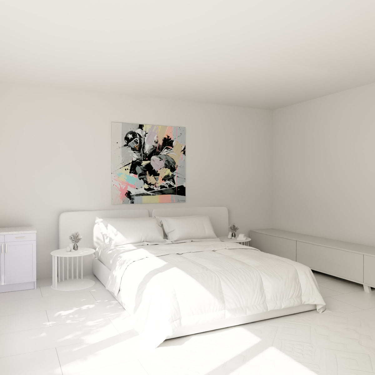 Rider penché sur sa planche, touches beige et corail, au-dessus d'un lit dans une chambre claire