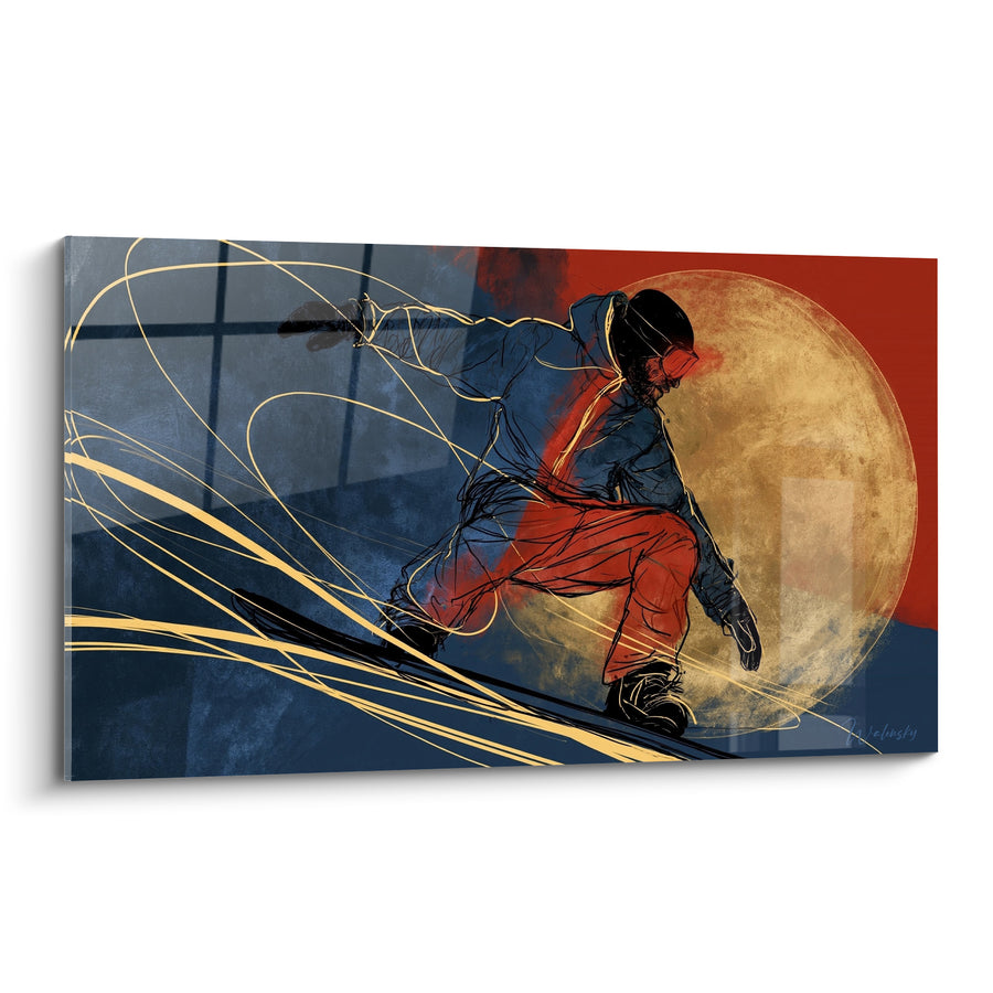 Tableau Snowboardeur bleu marine et rouge devant un disque doré - Fils dorés tourbillonnants - Edition Snowboard