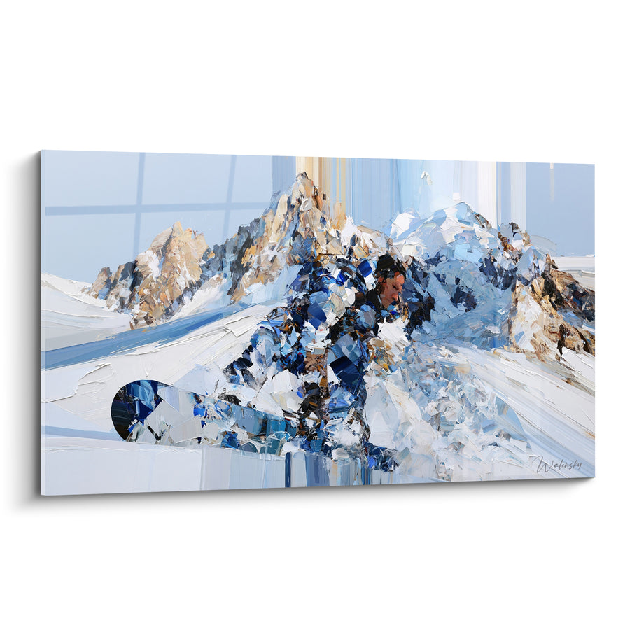 Tableau Snowboardeur bleu et blanc devant sommets rocheux - Pics escarpés dorés - Edition Snowboard