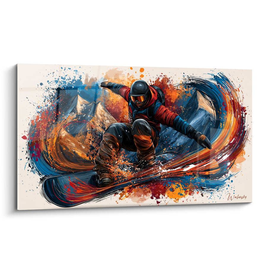 Tableau Snowboardeur rouge et bleu accroupi devant sommets dorés - Traînée en tourbillon - Edition Snowboard