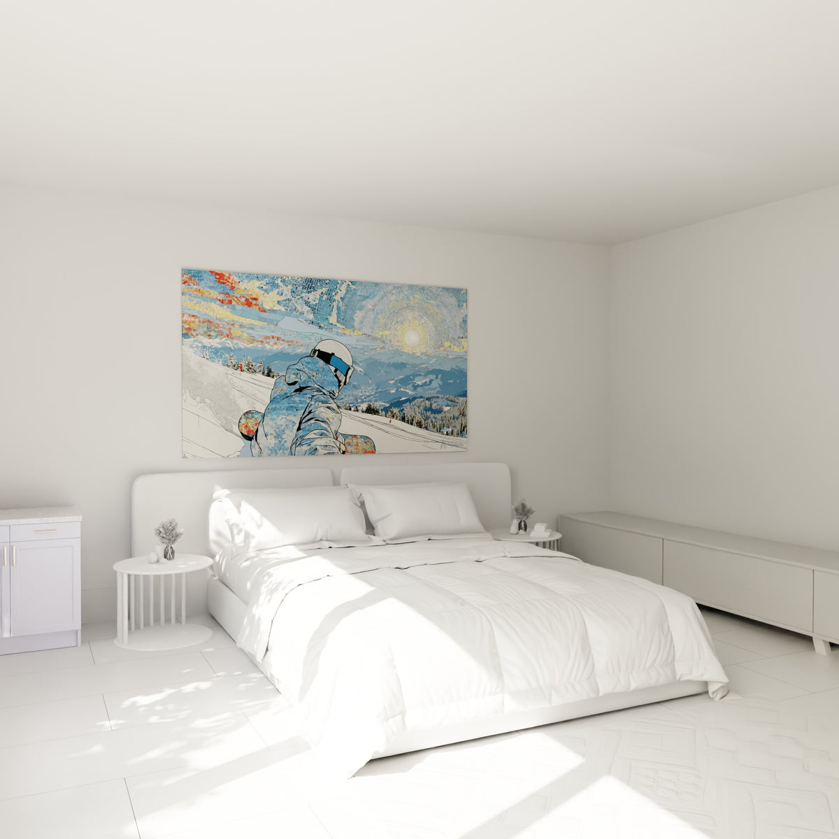 Rider en combinaison bleue et blanche façon mosaïque, tableau snowboard au-dessus d'un lit dans une chambre claire