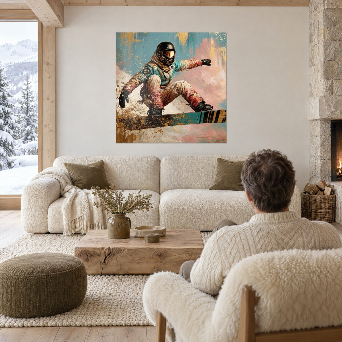 Wall art of a helmeted snowboarder in a turquoise and pink jacket, golden splashes, above a sofa in a bright living room
