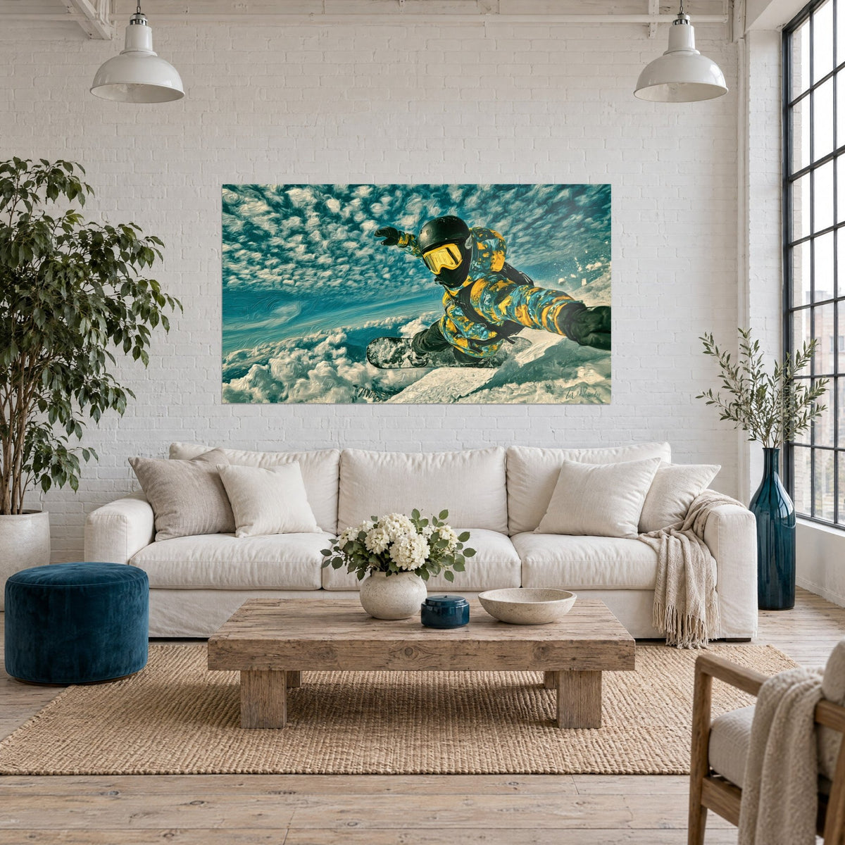 Tableau snowboardeur en combinaison turquoise et jaune, masque doré, planche sur nuages blancs, au-dessus d'un canapé dans un salon lumineux