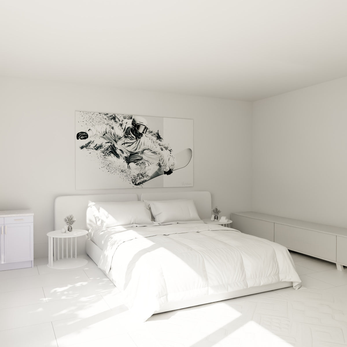 Rider fragmenté aux tons gris et blancs, planche inclinée, au-dessus d'un lit dans une chambre claire