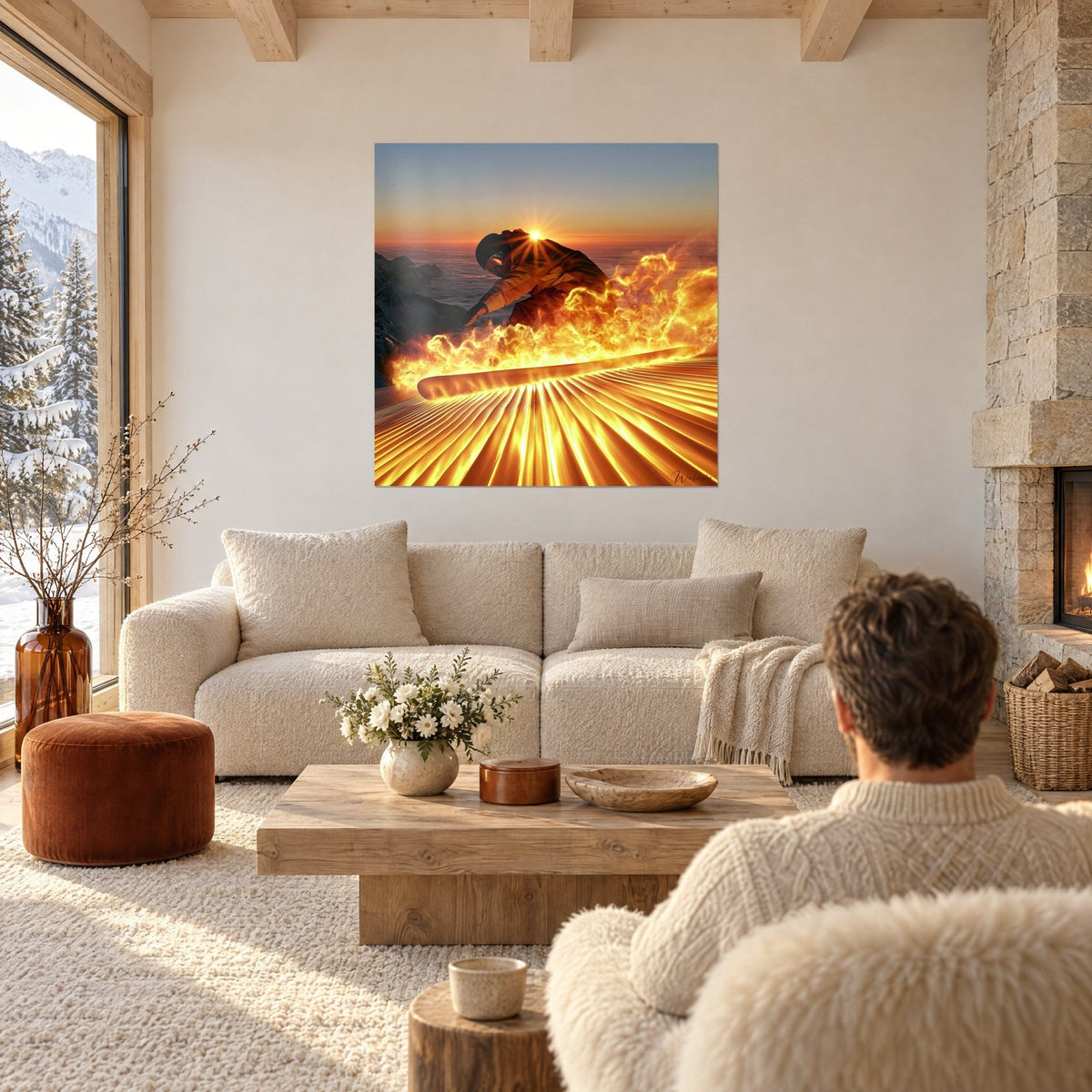 Schilderij van een snowboarder omhuld door gouden en oranje vlammen, zonsondergang achter hem, boven een bank in een lichte woonkamer