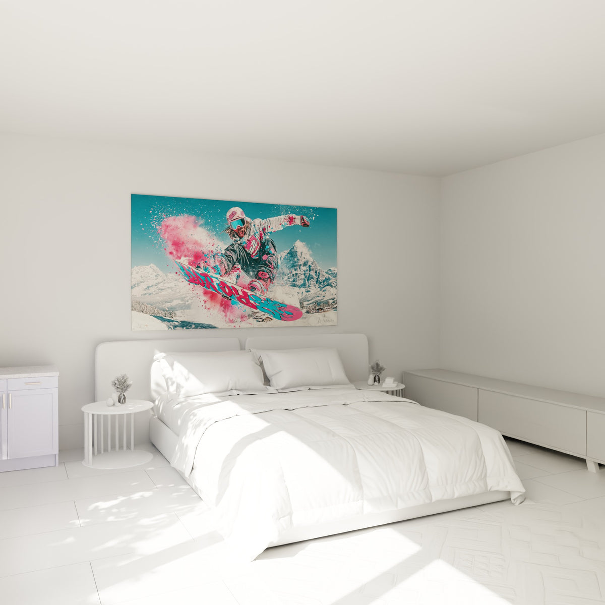 Rider suspendu dans les airs, planche rose et bleu turquoise, au-dessus d'un lit dans une chambre claire