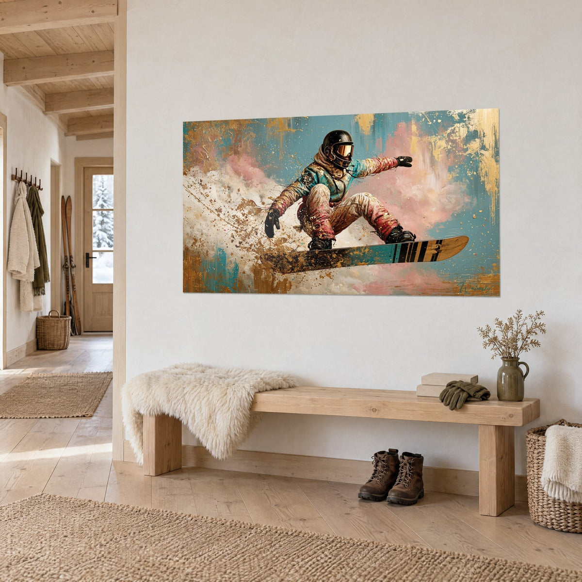Quadro di un rider in volo con pantaloni color crema e rossi, tavola a righe nere, nuvola rosa polverosa, appeso in un ingresso in legno di chalet