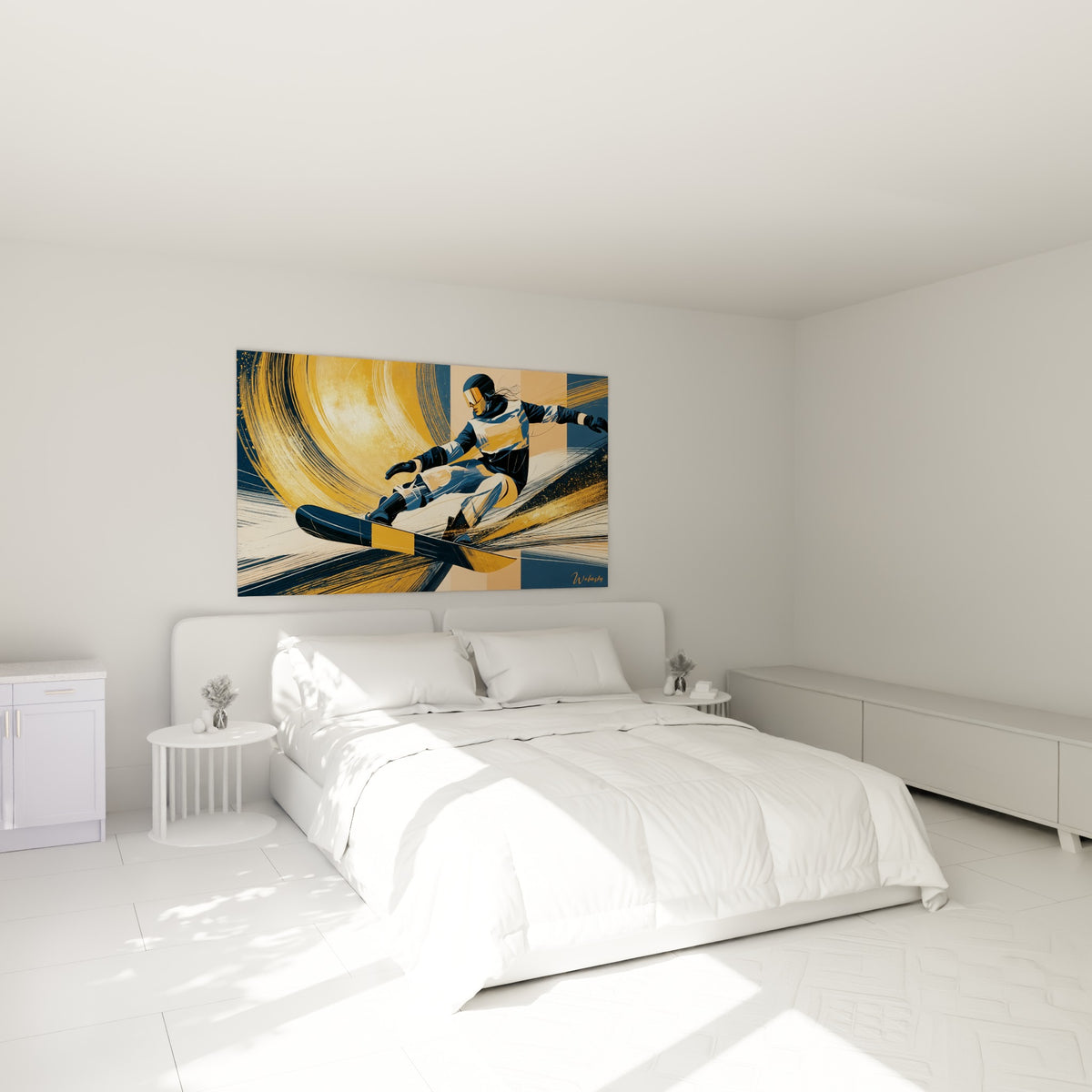 Rider penché en pleine glisse, bleu marine et doré, au-dessus d'un lit dans une chambre claire