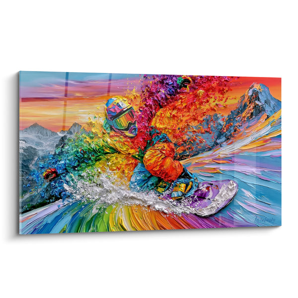 Painting of Snowboarder in Red and Violet Splashes - Multicolor Spray - Purple and White Board - Snowboard Edition