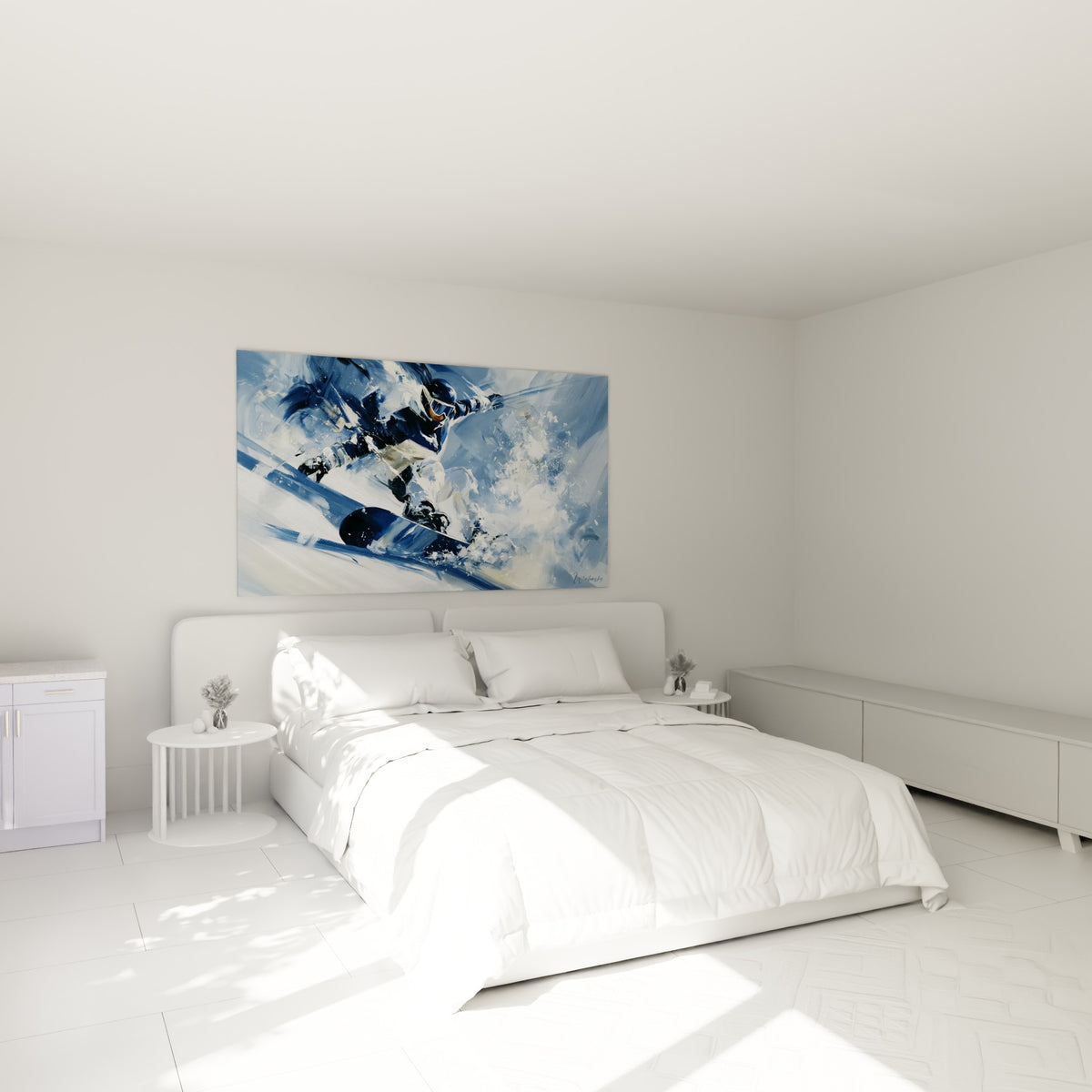 Rider penché sur sa planche bleu marine, gerbe de neige blanche, au-dessus d'un lit dans une chambre claire