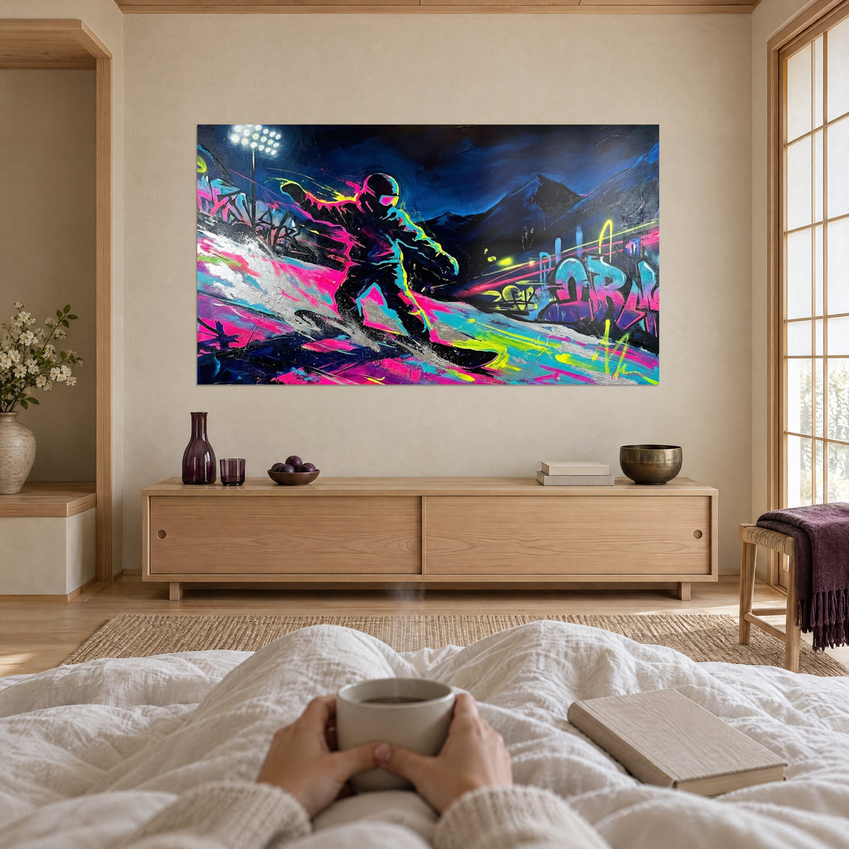 Gemälde Gleiter mit zitronengelben und leuchtend rosa Konturen auf marineblauem Grund, Graffiti-Schriftzüge, über einem Bett in einem hellen Schlafzimmer