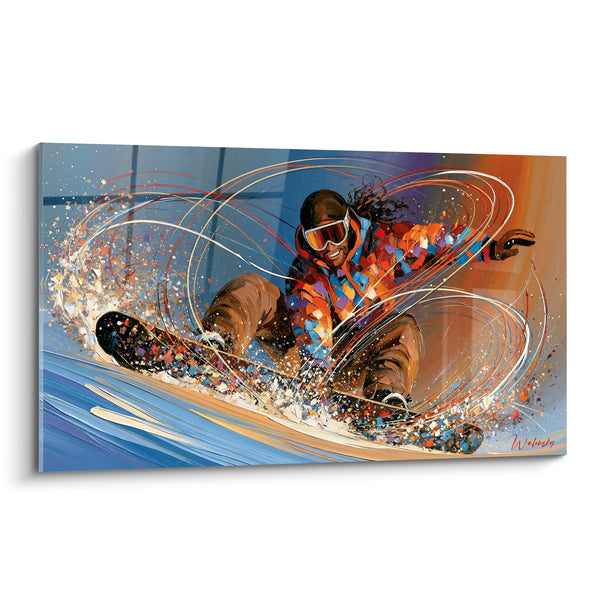 Tableau Snowboardeur en veste multicolore virage bleu - Vertige de glisse - Edition Snowboard