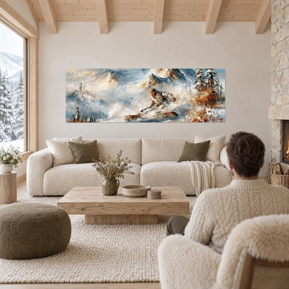 Tableau snowboardeur casqué fendant la poudreuse beige et bleue, château sur la crête, au-dessus d'un canapé dans un salon lumineux