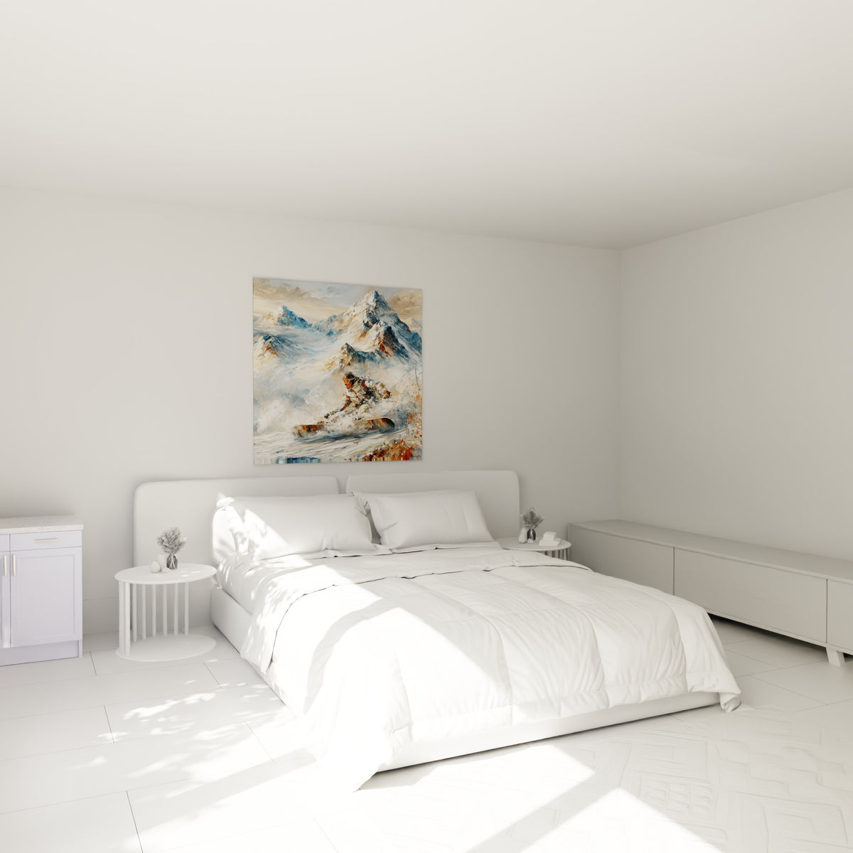 Rider fauve et blanc sculptant la neige poudreuse, au-dessus d'un lit dans une chambre claire