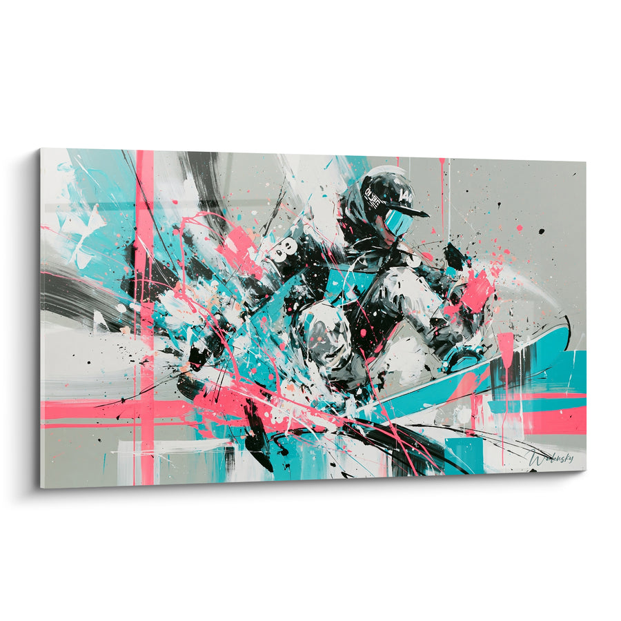 Tableau Snowboardeur noir et turquoise en éclaboussures roses - Casquette et lunettes miroir - Edition Snowboard