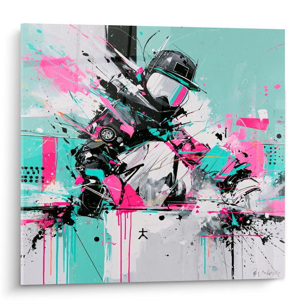 Tableau Rider casqué aux éclats rose et turquoise - Explosion de vitesse - Edition Snowboard