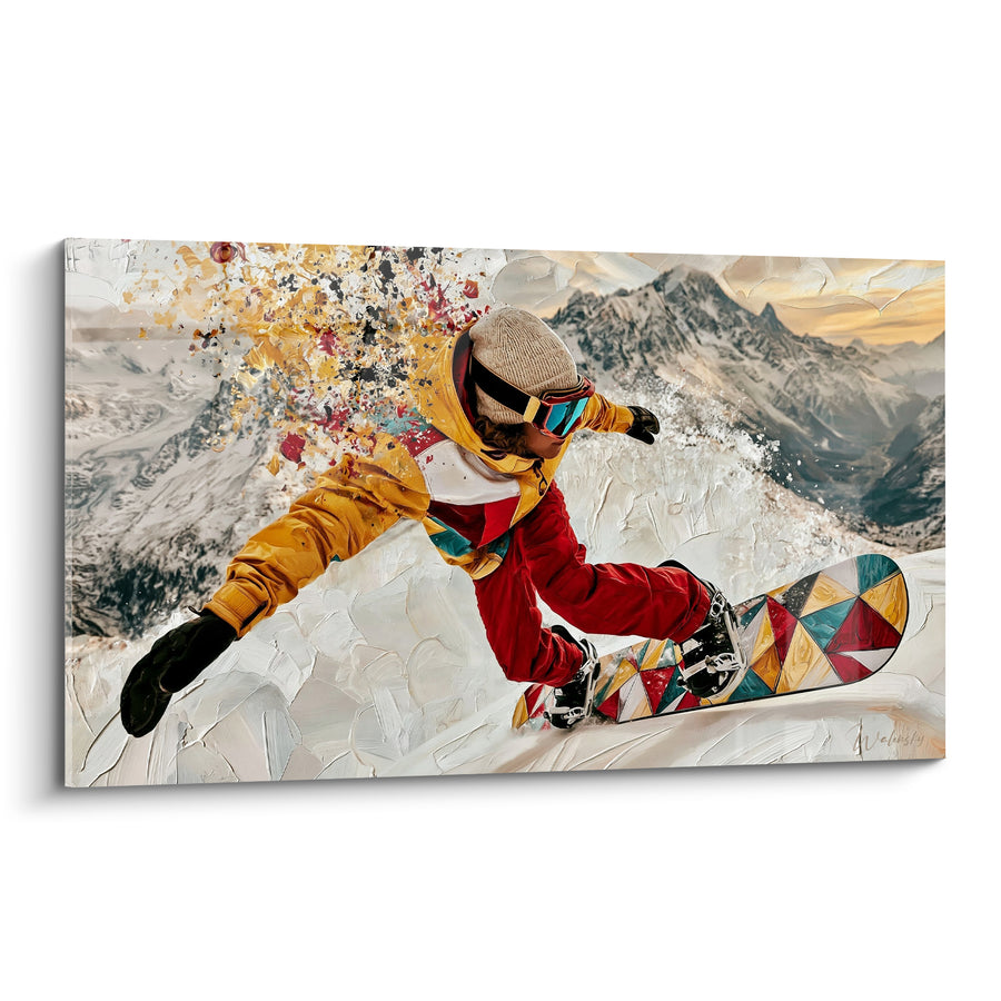 Tableau Snowboardeur en virage doré et rouge - Virage sur la crête - Edition Snowboard