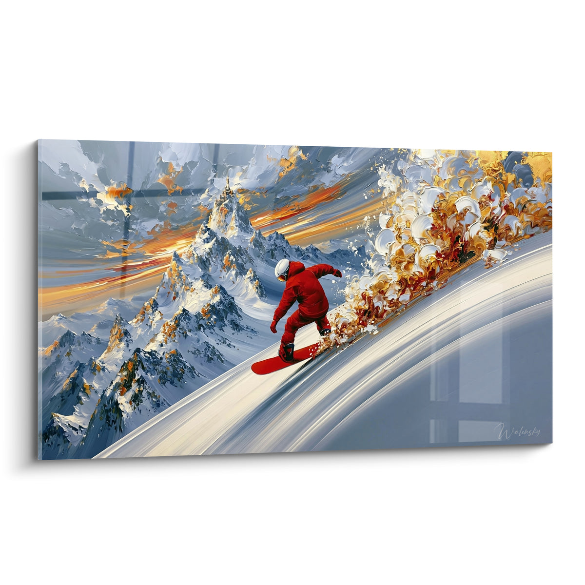 Snowboardeur en combinaison rouge dévalant une pente dorée sous un ciel bleu et anthracite