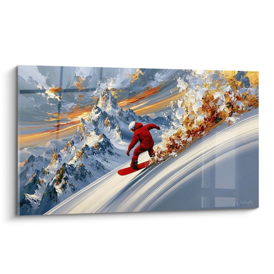 Tableau Snowboardeur rouge et doré près d'un donjon - Sommet fortifié isolé - Edition Snowboard