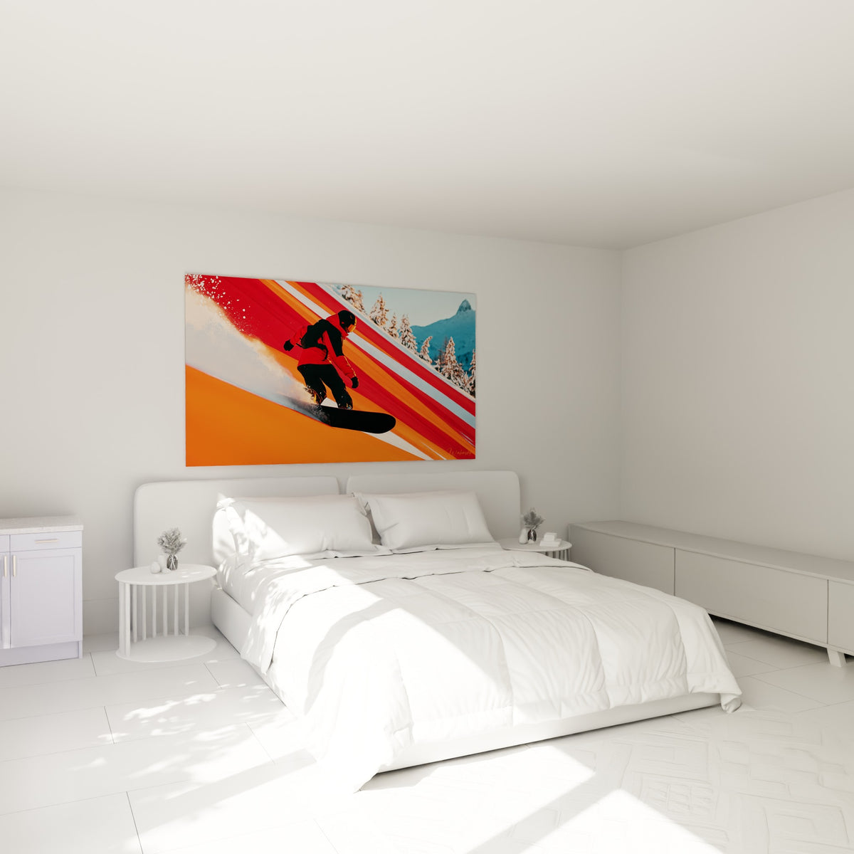 Rider en combinaison rouge sur fond orange vif, au-dessus d'un lit dans une chambre claire