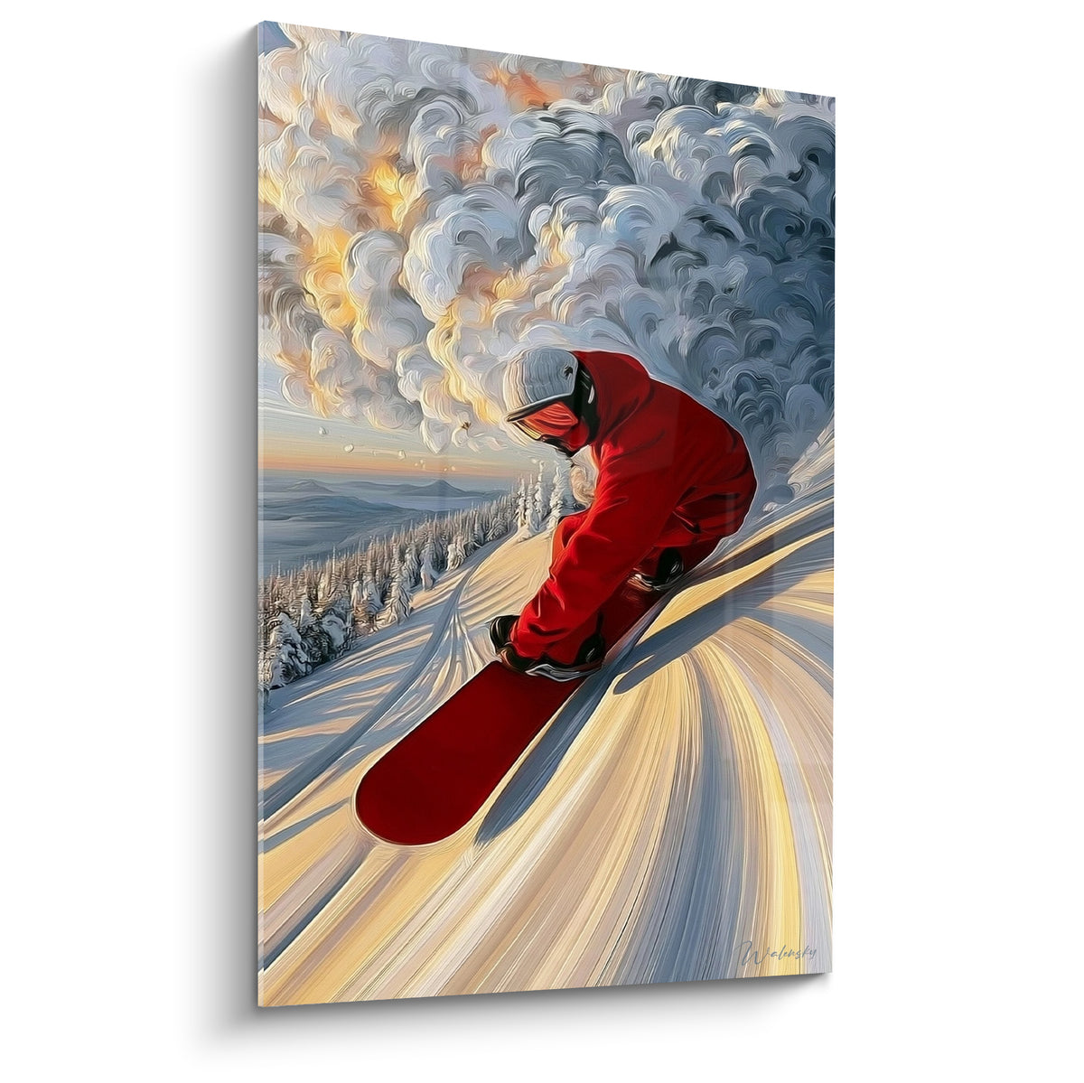 Snowboardeur en combinaison rouge dévalant une pente enneigée sous un ciel doré et anthracite tourbillonnant