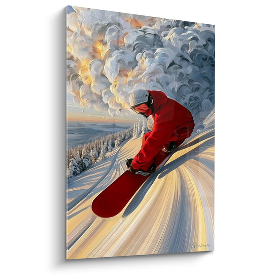Tableau Snowboardeur rouge et gris sous nuage tourbillonnant doré - Forêt de sapins lointaine - Edition Snowboard