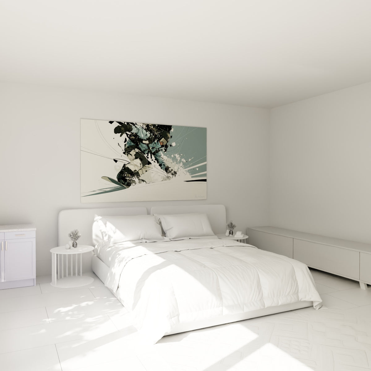 Rideur en tenue bleu gris capturé en plein virage, au-dessus d'un lit dans une chambre claire