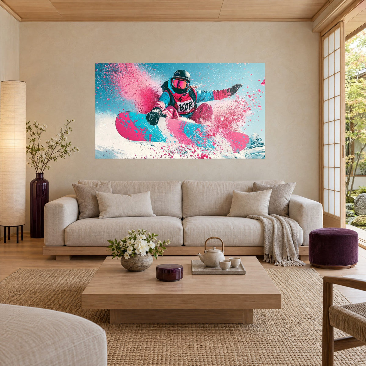 Gemälde eines Snowboarders, der in einer Wolke aus rosa und blauem Pulverschnee springt, azurblauer Himmel, über einem Sofa in einem hellen Wohnzimmer
