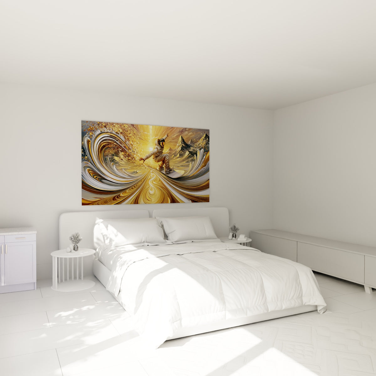 Rideur suspendu dans un tourbillon doré et gris, accroché au-dessus d'un lit dans une chambre claire
