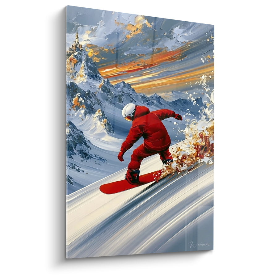 Tableau Snowboardeur rouge et poudreuse blanche - Course sur la pente - Edition Snowboard