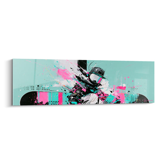 Tableau Snowboardeur turquoise et rose sur planche rayée - Motifs pointillés noirs - Edition Snowboard