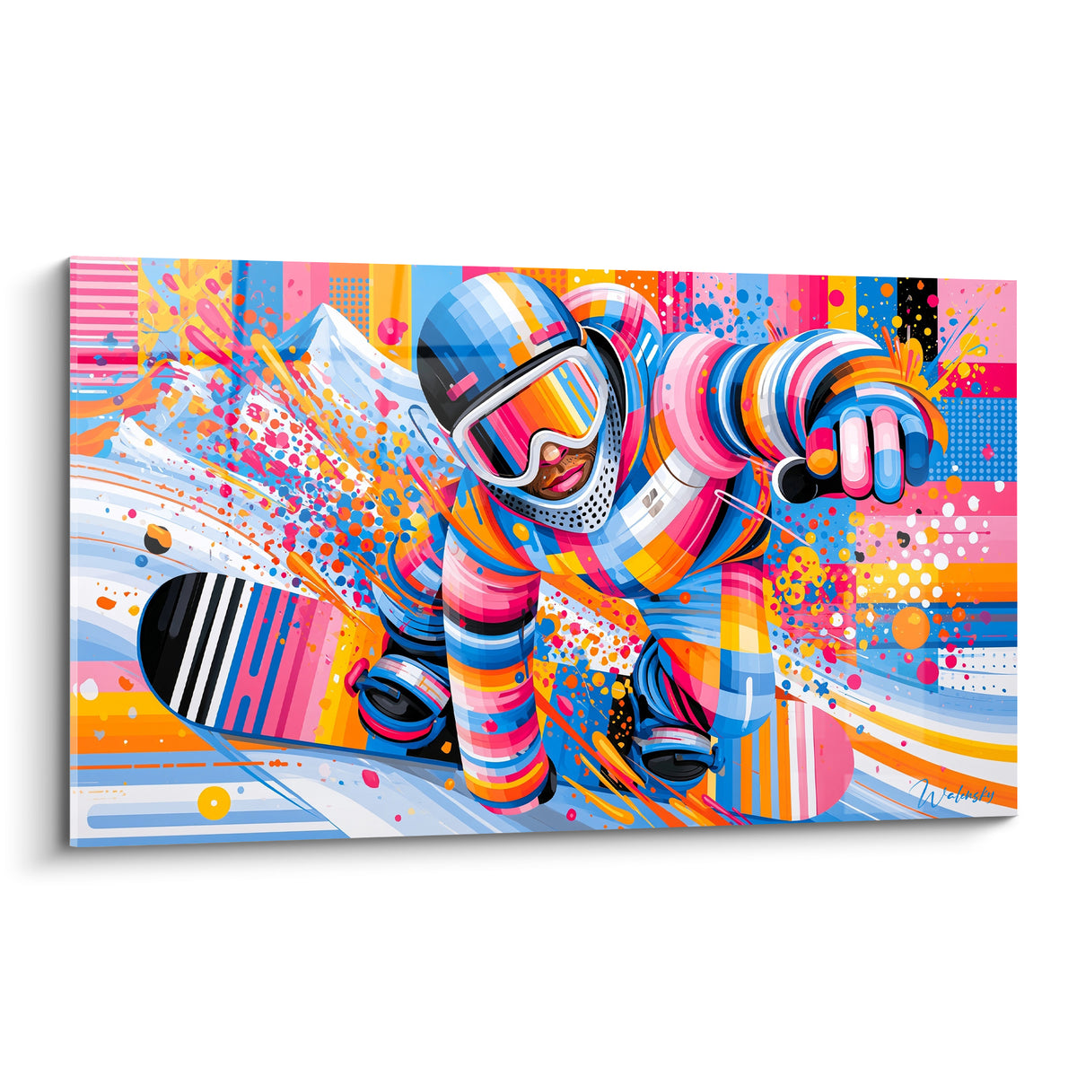 Snowboardeur en combinaison rose et bleue penché sur sa planche, éclaboussures de peinture vives