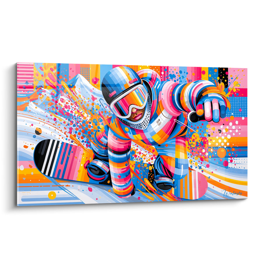 Tableau Snowboardeur en combinaison rose et bleue - Descente électrique - Edition Snowboard