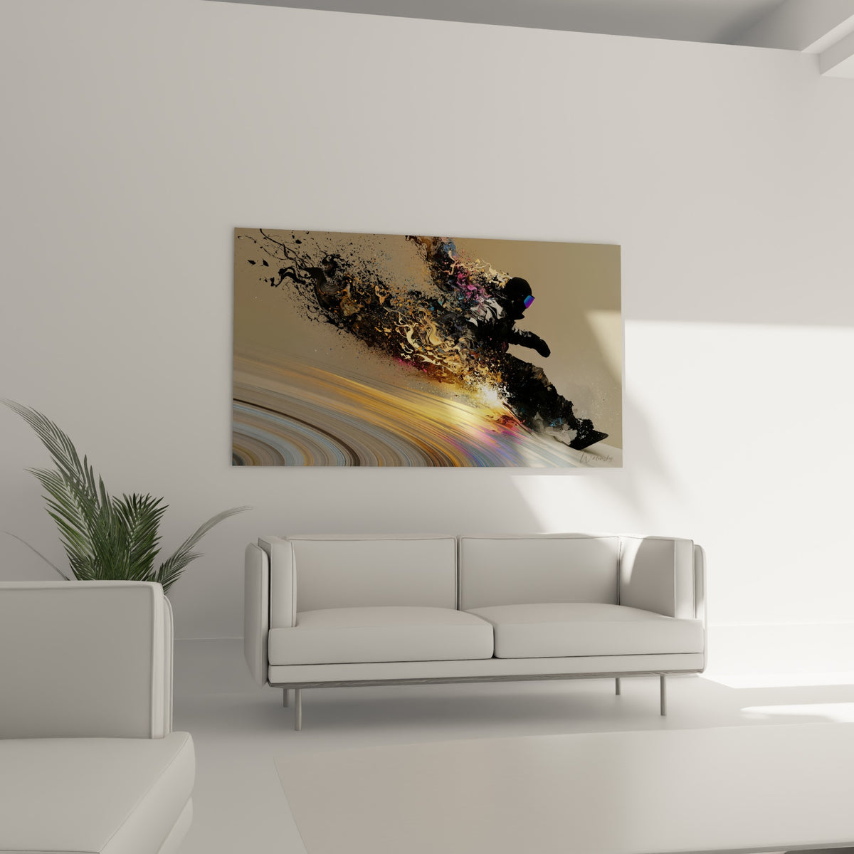 Silhouette sombre en pleine glisse, traînée bleu pastel et jaune, au-dessus d'un canapé dans un salon lumineux