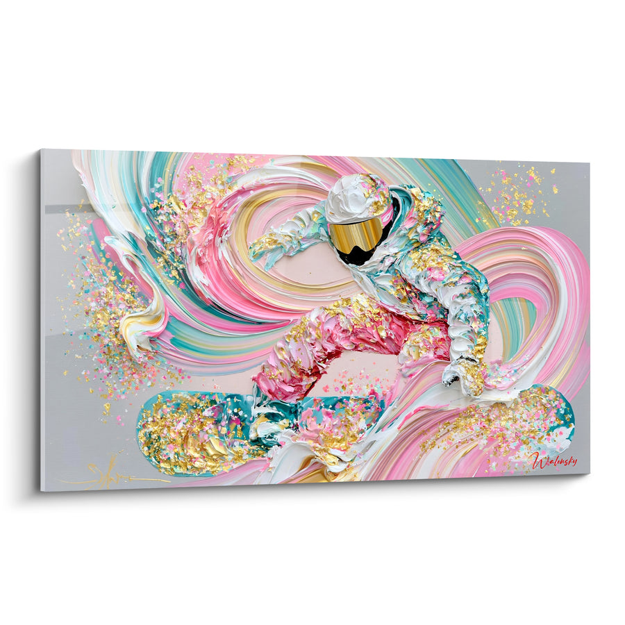 Tableau Snowboardeur aux tourbillons rose et turquoise - Envol givré - Edition Snowboard