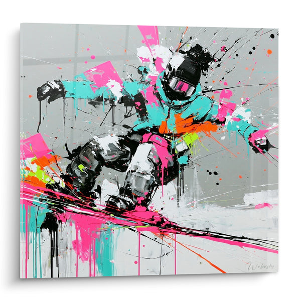Tableau Snowboardeur turquoise et rose fluo au masque miroir - Gouttes de peinture noire - Edition Snowboard