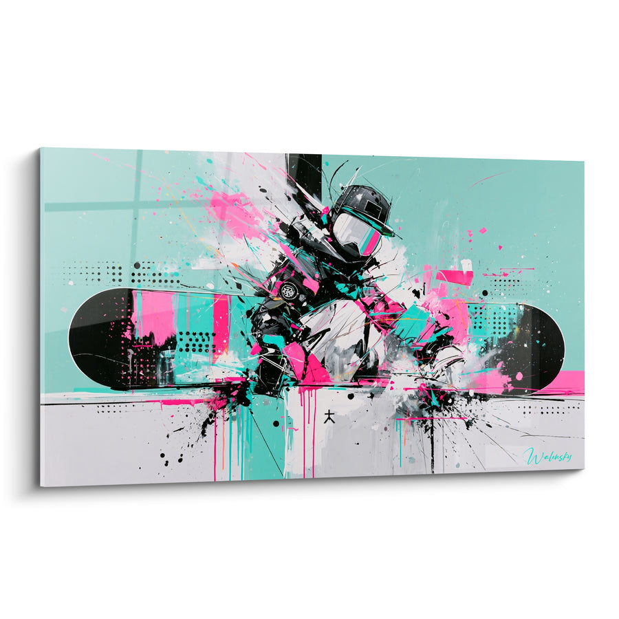 Tableau Snowboardeur en éclats roses et turquoise - Explosion glissée - Edition Snowboard