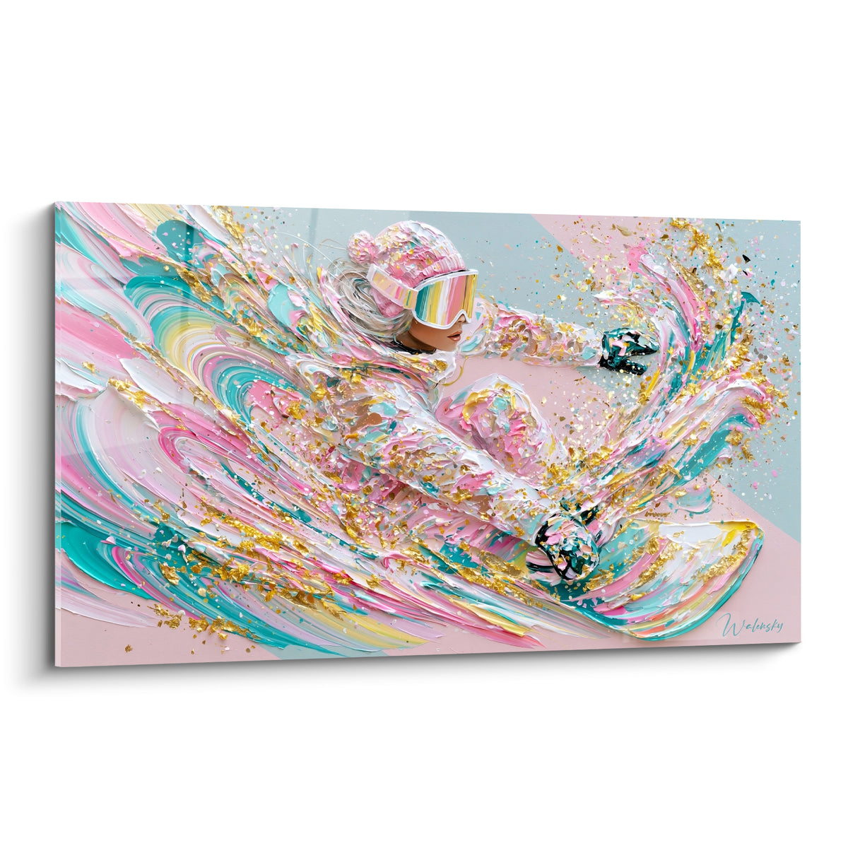 Snowboardeuse en plein virage, tourbillons rose poudré et turquoise, éclats dorés sur fond pastel
