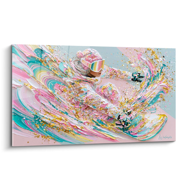 Tableau Snowboardeuse rose et turquoise aux éclats dorés - Éclaboussure de vitesse - Edition Snowboard