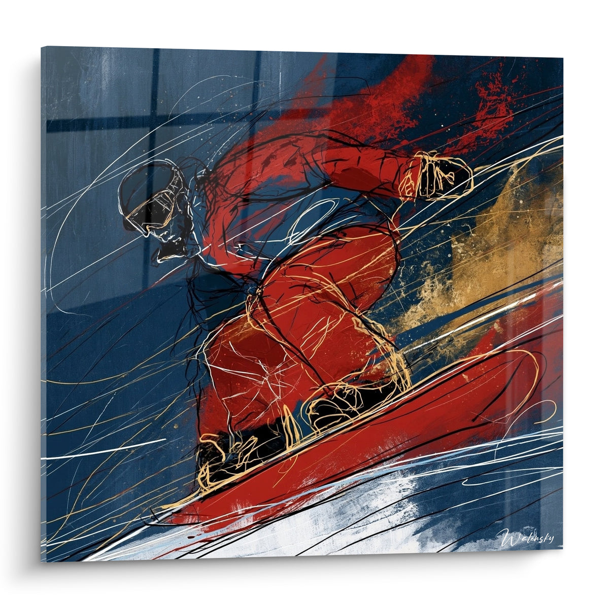 Wall art of a snowboarder in red and navy blue, sketched movement full of energy and speed