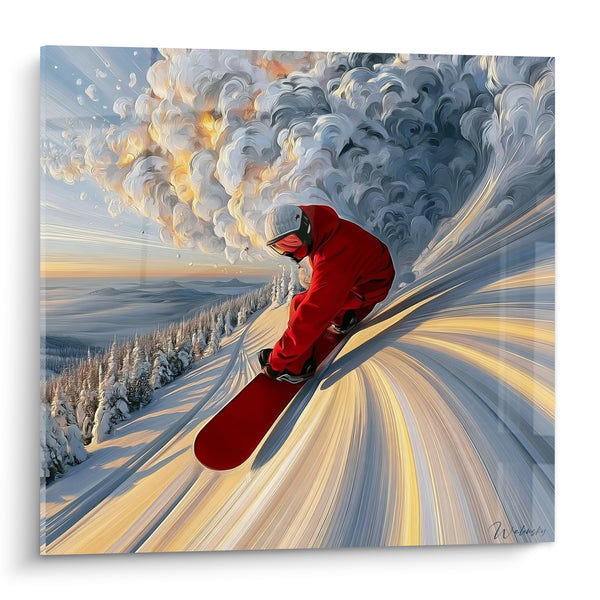 Tableau Snowboardeur rouge et gris sous nuage tourbillonnant - Forêt de sapins enneigés - Edition Snowboard