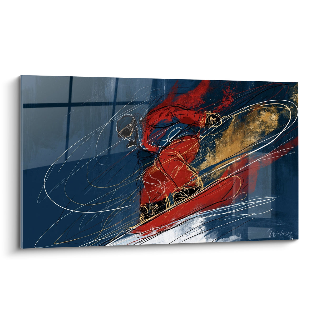 Snowboardeur penché en combinaison rouge et dorée sur fond bleu marine intense
