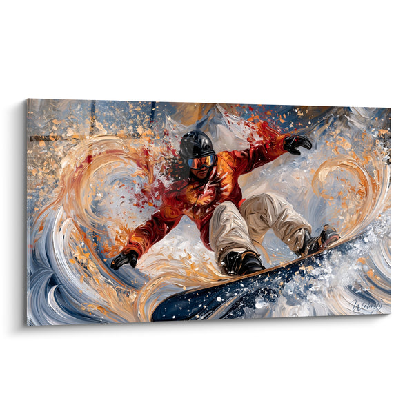 Tableau Snowboardeur en combinaison rouge et orangée - Vitesse en poudreuse - Edition Snowboard