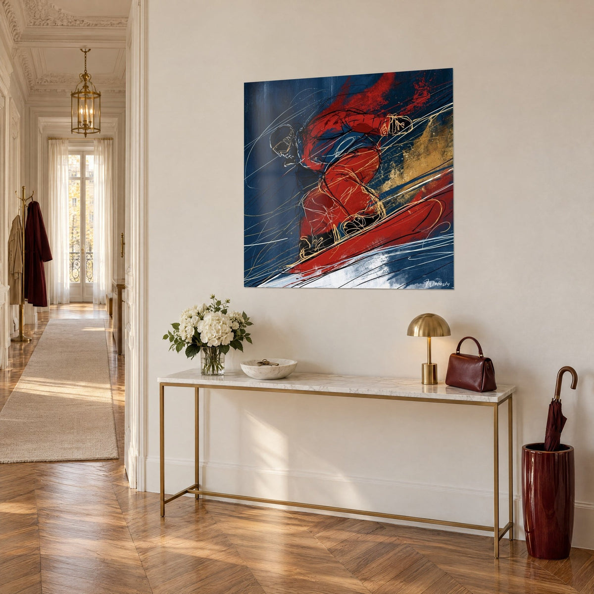 Wall art of a helmeted rider in black sunglasses carving down the snow, vivid red and navy blue, gold console, in a Haussmann-style entrance hall