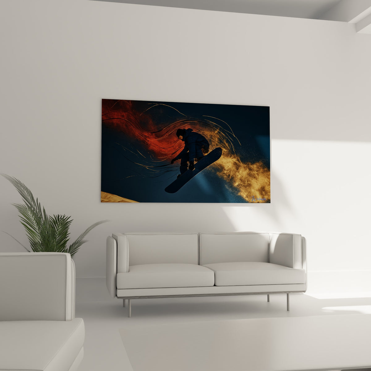 Planche noire et particules dorées en mouvement suspendu, accrochées au-dessus d'un canapé dans un salon lumineux