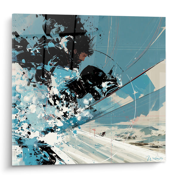 Schilderij Snowboarder blauw en zwart in sneeuwprojectie - Zachte poeder vlucht - Editie Snowboard